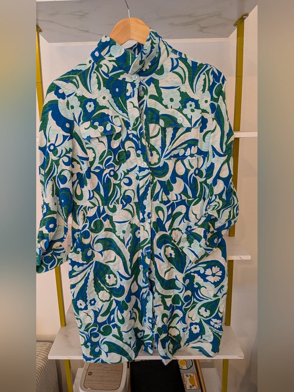 Boden Green and Blue Floral-Print Button-Down Dress. Jersey Knit